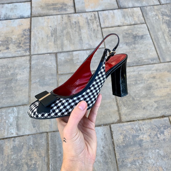 liz & co. Shoes - Black & White Gingham Checkered Bow Gold Heels